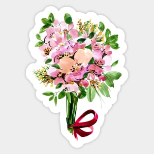 Pink Flowers Bouquet with red ribbon, watercolor Sticker